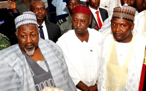 L-R: Jigawa State governor, Alhaji Abubakar Badaru; Kano State Deputy Governor, Prof. Hafeez Abubakar and the donor of the building, Aliko Dangote  at the commissioning ceremony