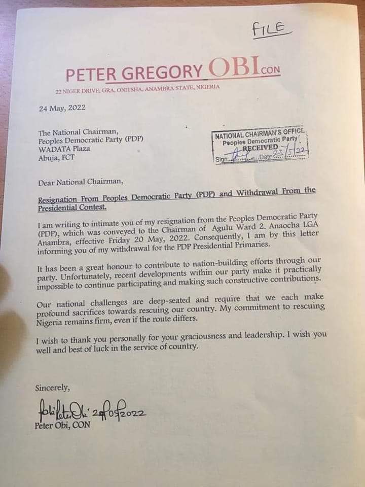 Peter Obi resignation letter