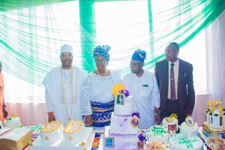Adron boss, Aare Adetola Emmanuelking celebrates Chief Olusegun Obasanjo at 88
