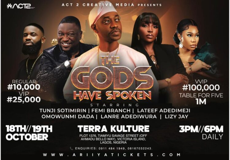 Lateef Adedimeji, Femi Branch, other Nollywood stars set for opera of “The Gods Have Spoken”