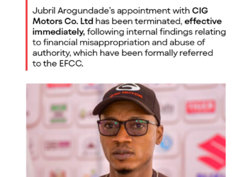 CIG Motors terminates Executive Director Jubril Arogundade over financial misappropriation and abuse of authority