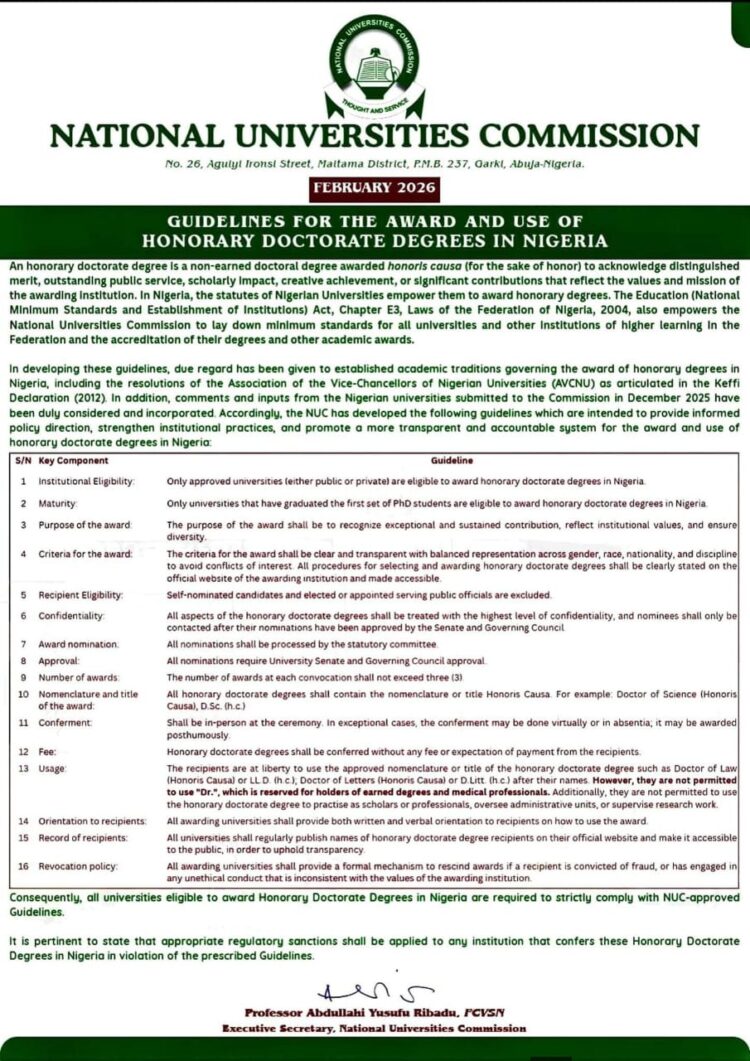 NUC unveils guidelines for Award and Use of Honorary Doctorate Degrees in Nigeria