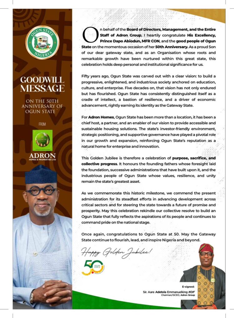 Adron Group congratulates Ogun State at 50, salutes legacy of progress