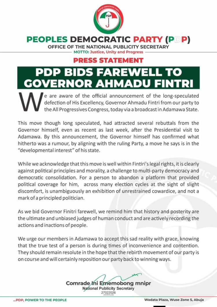 PDP Bids farewell to Gov. Ahmadu Fintiri