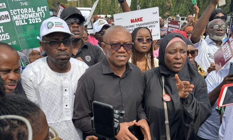 Peter Obi joins protest at National Assembly over Senate’s rejection of electronic transmission