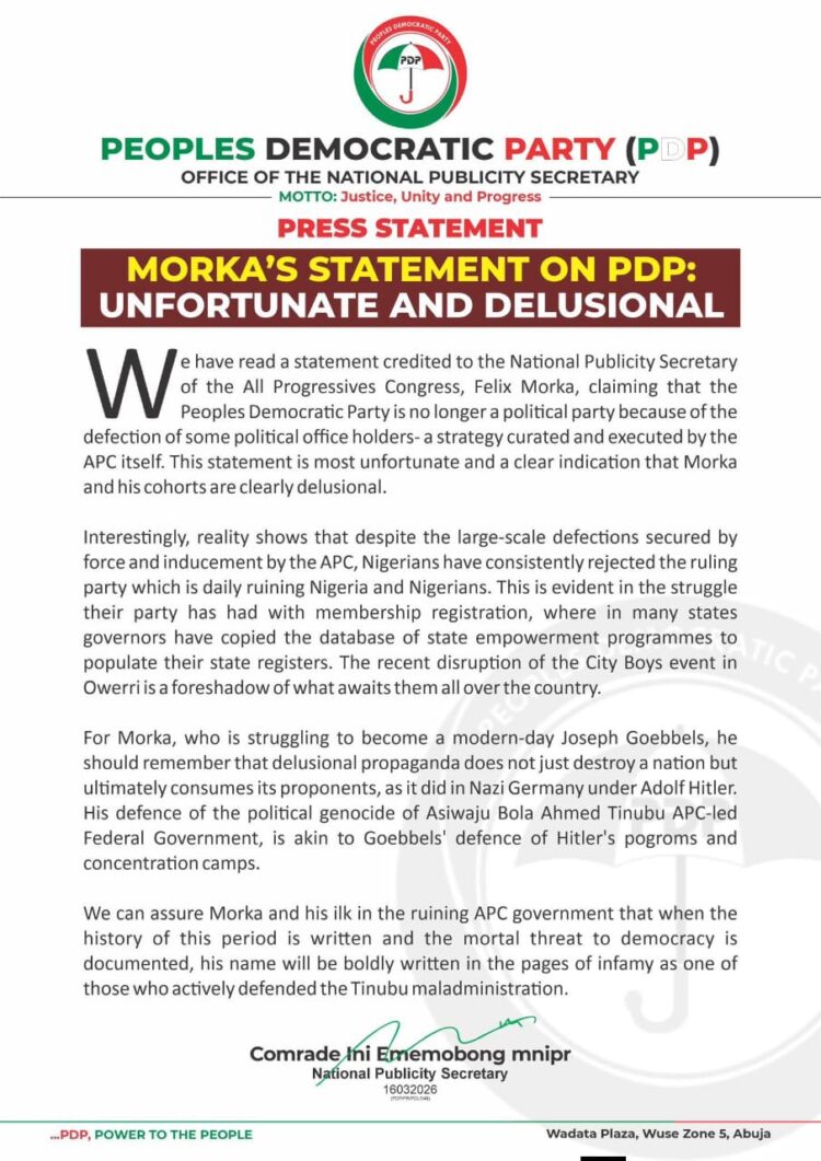 Morka’s Statement on PDP: Unfortunate and Delusional