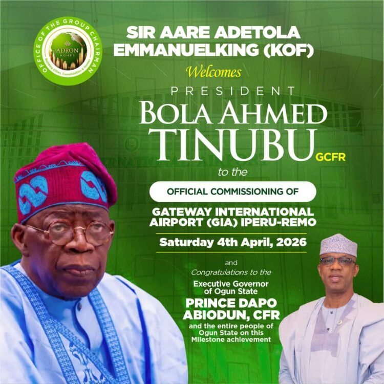 Aare Adetola Emmanuelking welcomes President Tinubu to Gateway International Airport commissioning in Iperu-Remo
