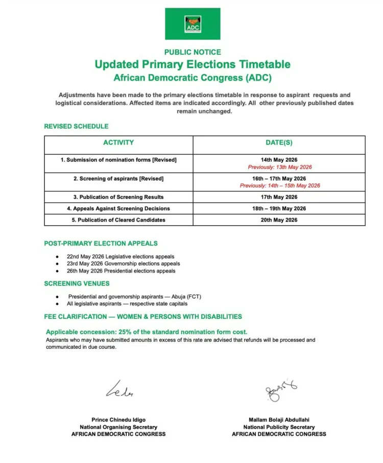 ADC releases updated primary elections timetable