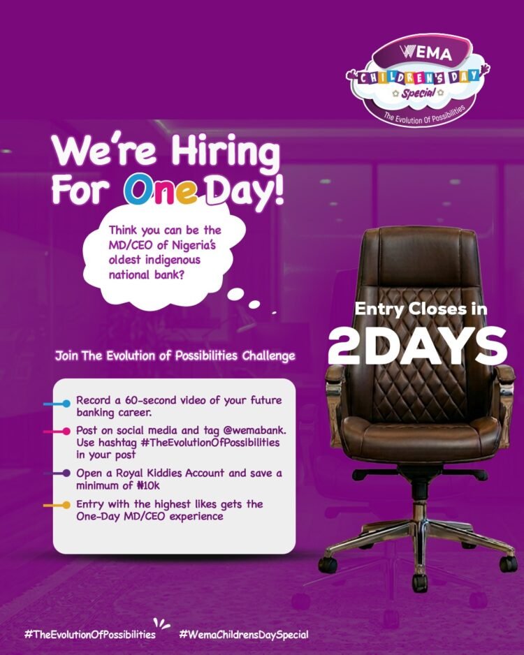 Wema Bank announces last call for submission of entries for ‘One-Day MD/CEO Children’s Day Initiative’