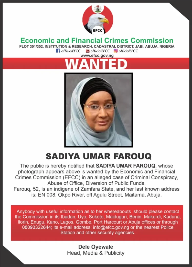 EFCC Declares Ex-Humanitarian Affairs Minister, Sadiya Umar Farouq Wanted
