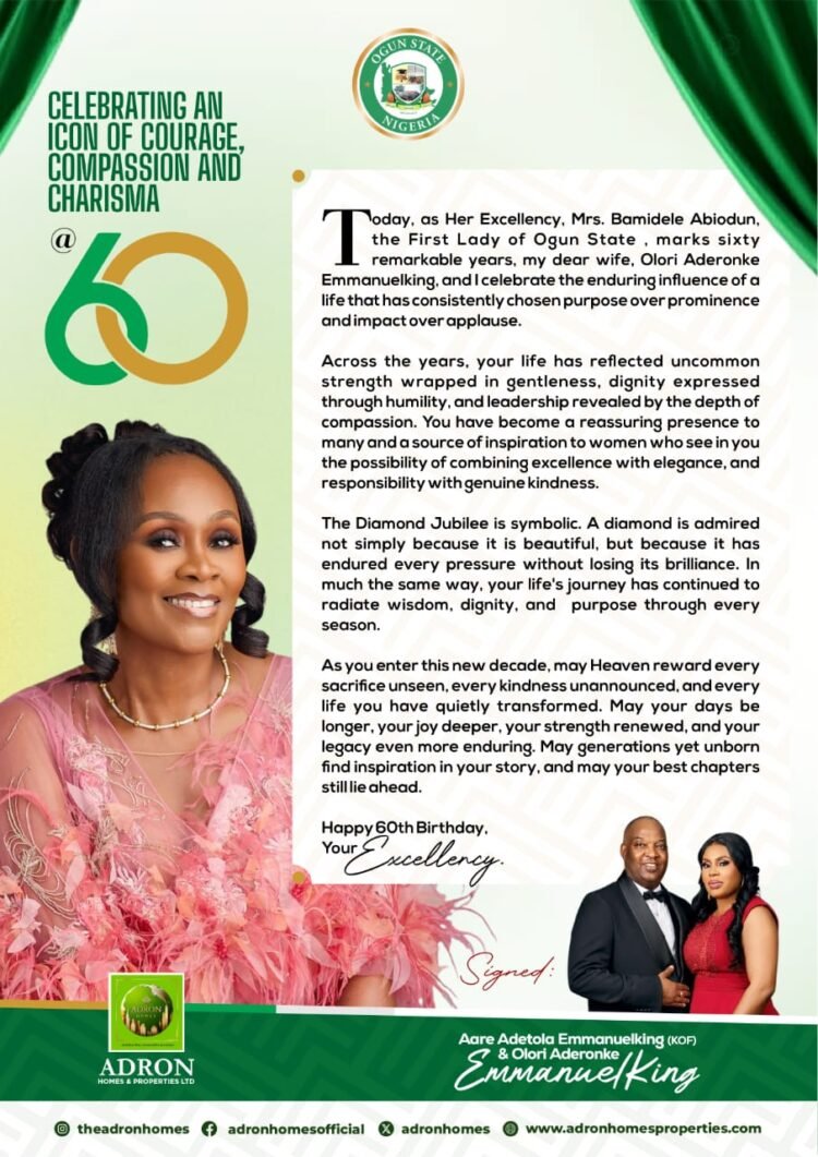 Adron Group Chairman pays glowing Tltribute to Ogun First Lady at 60