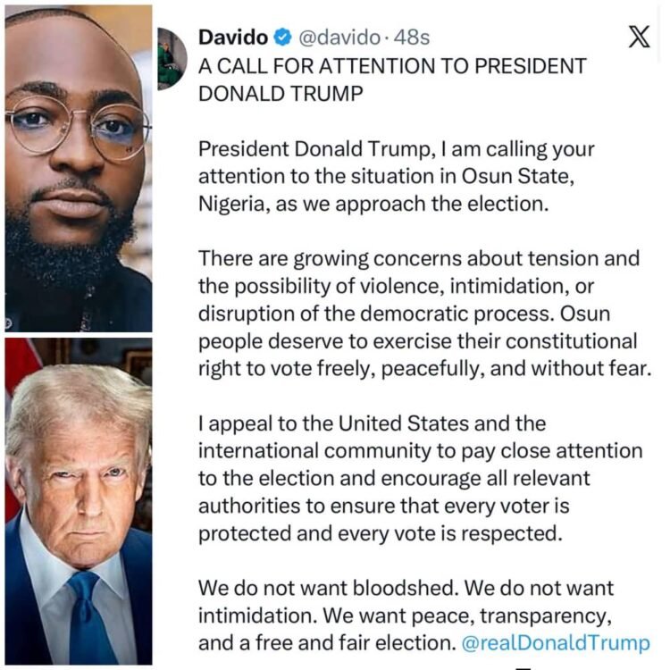 Davido writes Donald Trump over Osun governorship election