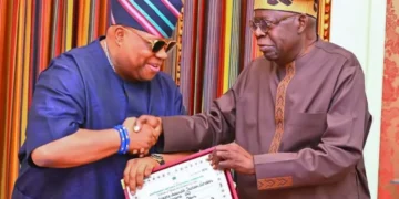 Adeleke Presents Certificate of Return to President Tinubu (Photos)