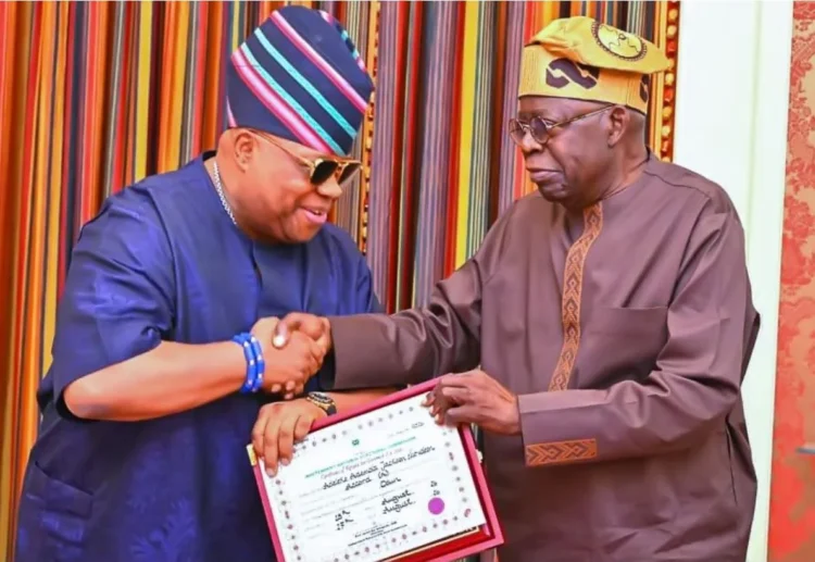 Adeleke Presents Certificate of Return to President Tinubu (Photos)