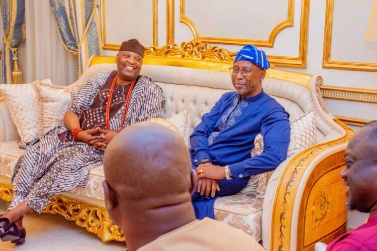 Adron Chairman Adetola Emmanuelking congratulates Anthony Osibodu on coronation as Bobajiro of Ilishan-Remo
